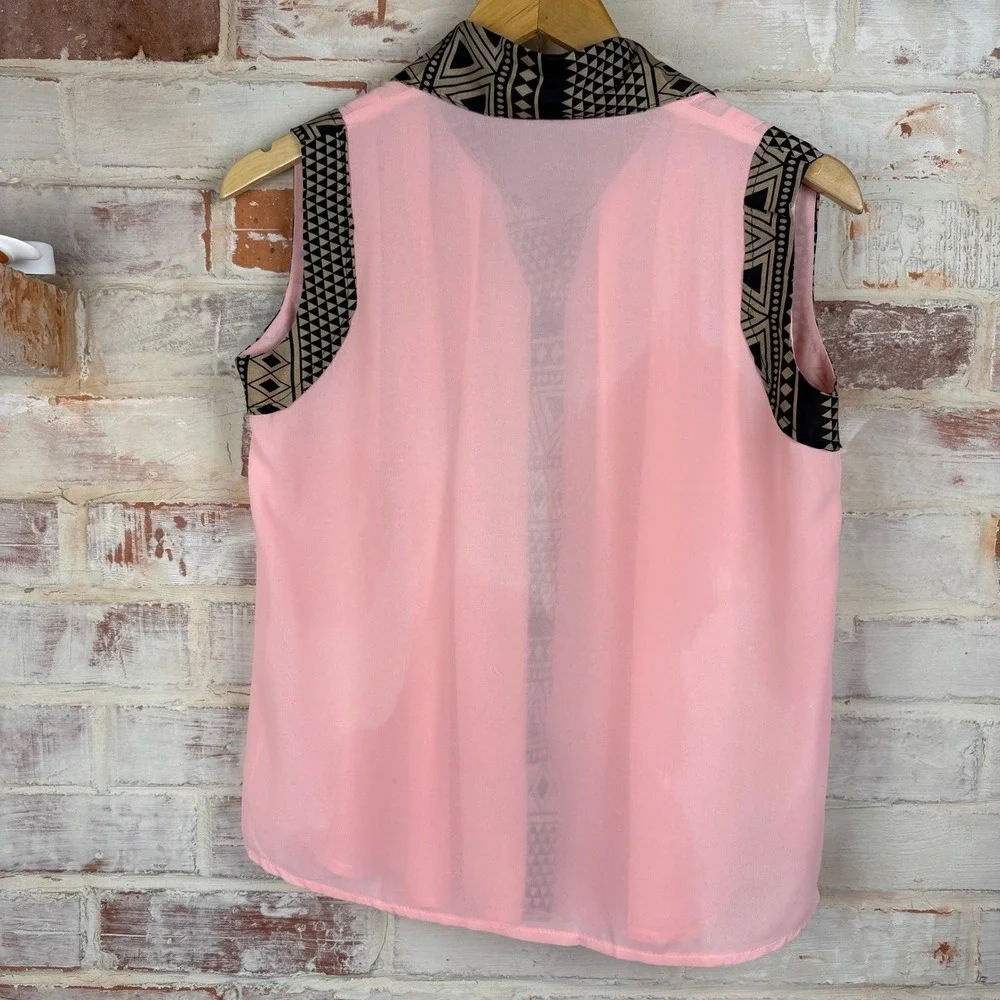 Vintage Four Seasons Geometric Trim Sheer Blouse Pink Black Art‎ Deco Small - Picture 4 of 8